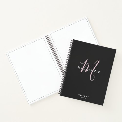 Elegant Black Blush Pink Script Monogram Sketch Notebook