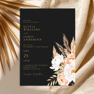 Elegant Black Boho Chic Floral Fall Wedding Invitation