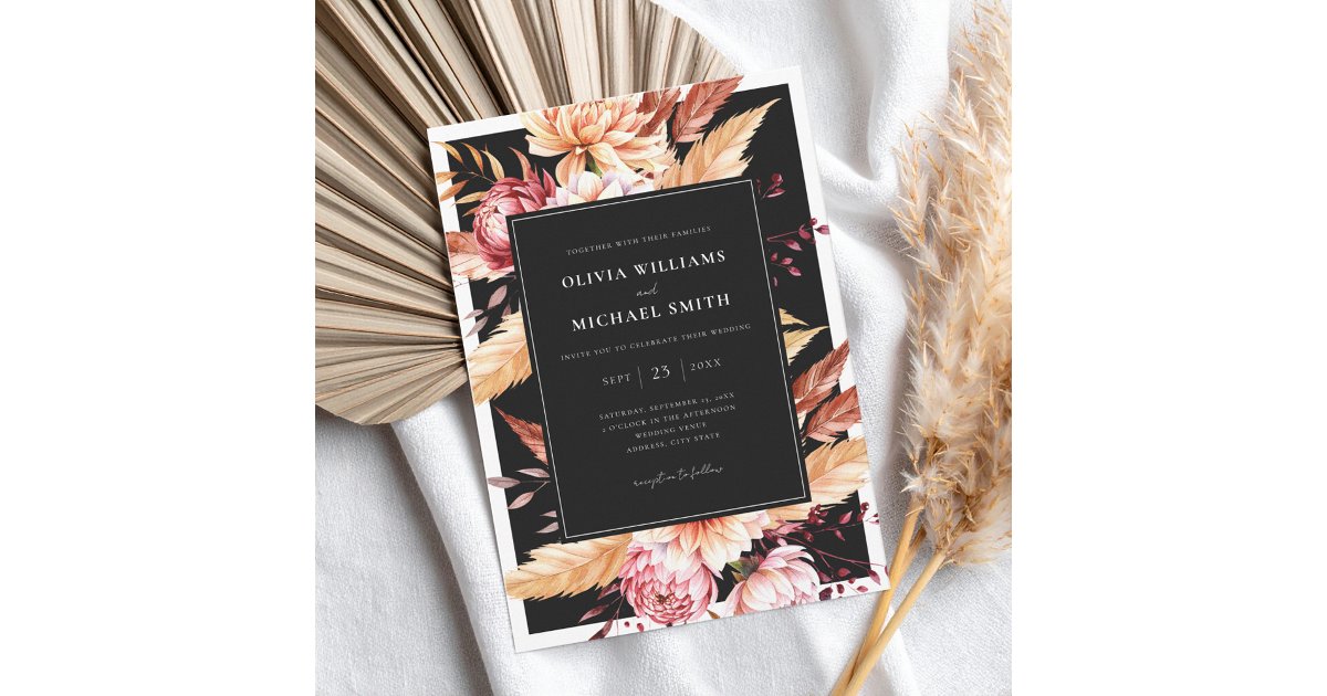 Elegant Black Boho Chic Floral Wedding Invitation | Zazzle