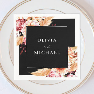 Elegant Black Boho Chic Floral Wedding Napkins