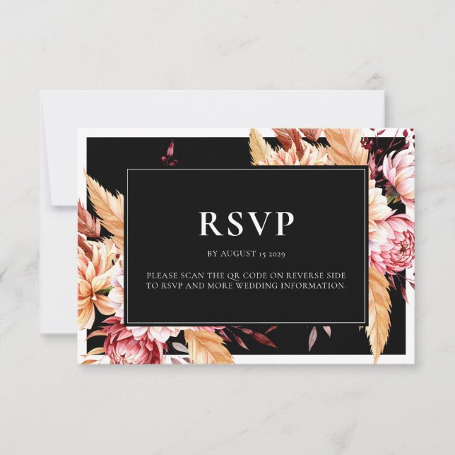 Elegant Black Boho Chic Floral Wedding RSVP Card (Front)