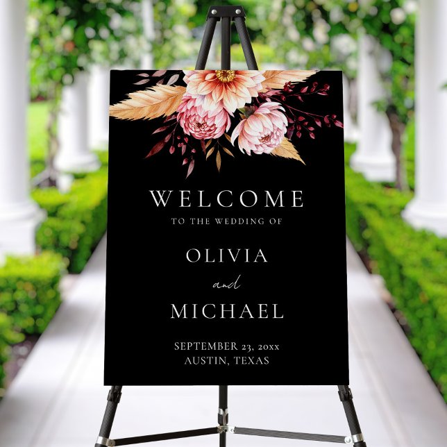 Elegant Black Boho Chic Floral Wedding Welcome Foam Board (Creator Uploaded)
