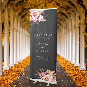 Elegant Black Boho Chic Floral Wedding Welcome Retractable Banner