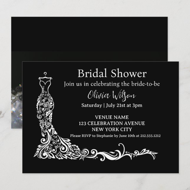  Elegant Black Boho Floral Gown Bridal Shower Invitation (Front/Back)