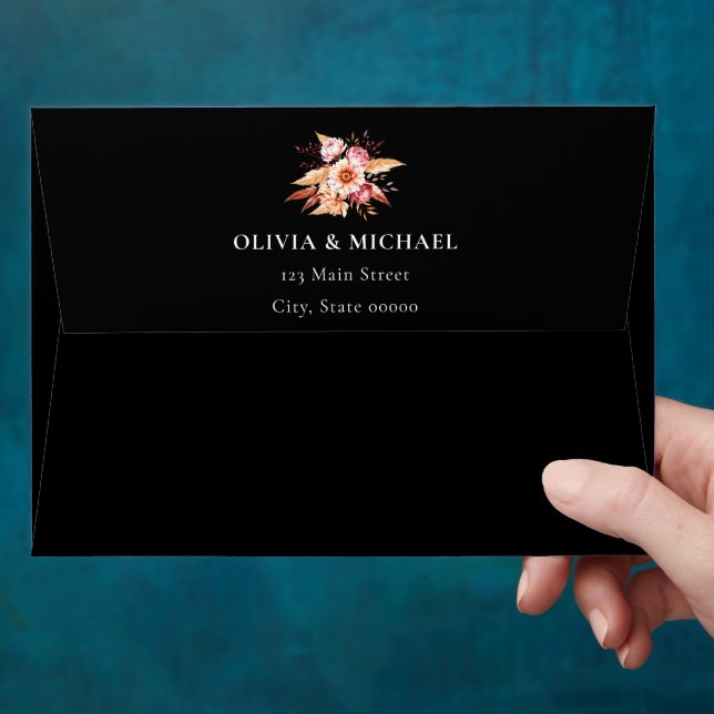 Elegant Black Boho Floral Wedding Return Address Envelope (Hand)