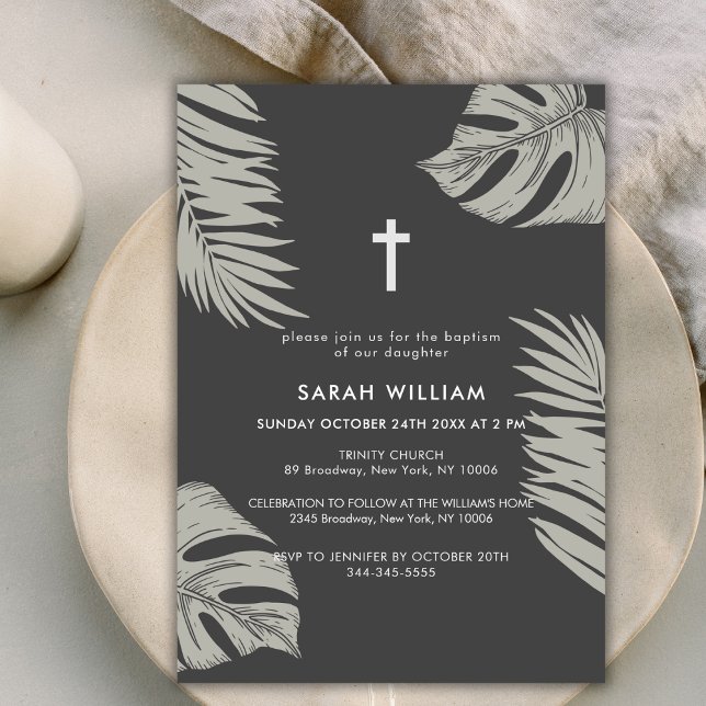 Elegant Black Boho Leaves Cross Baptism  Invitation (Elegant Black Boho Leave Gold Cross Baptism Invitation)