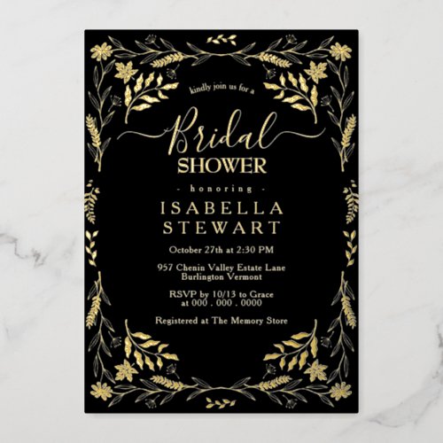 Elegant Black Boho Modern Typography Bridal Shower Foil Invitation
