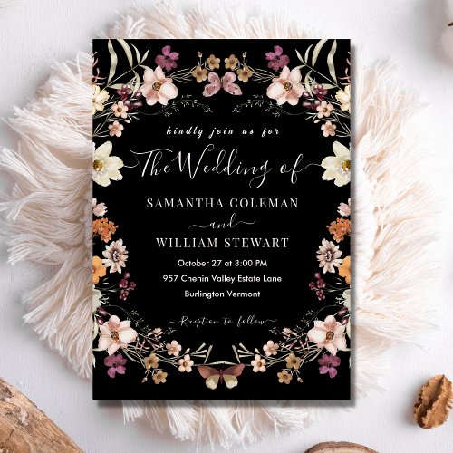 Elegant Black Boho Wildflower Modern Wedding Invitation