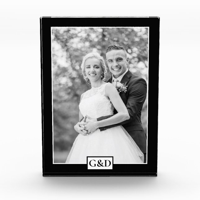 Elegant black border and initials wedding photo block (Front)