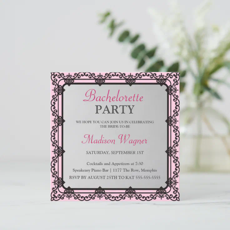 Elegant Black Border Bachelorette Party Invitation | Zazzle