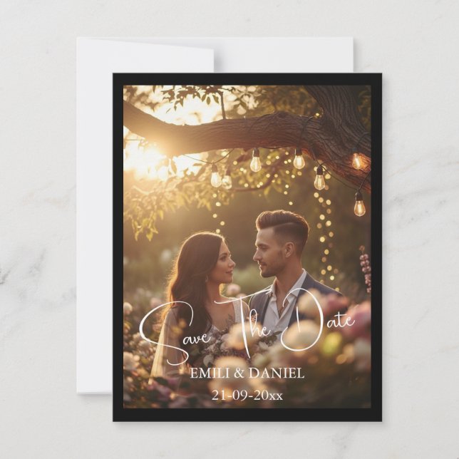 Elegant Black Border Photo Modern White Script Save The Date (Front)
