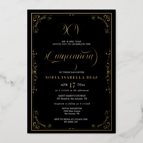 Elegant Black Border Quinceaera Gold or Silver Foil Invitation