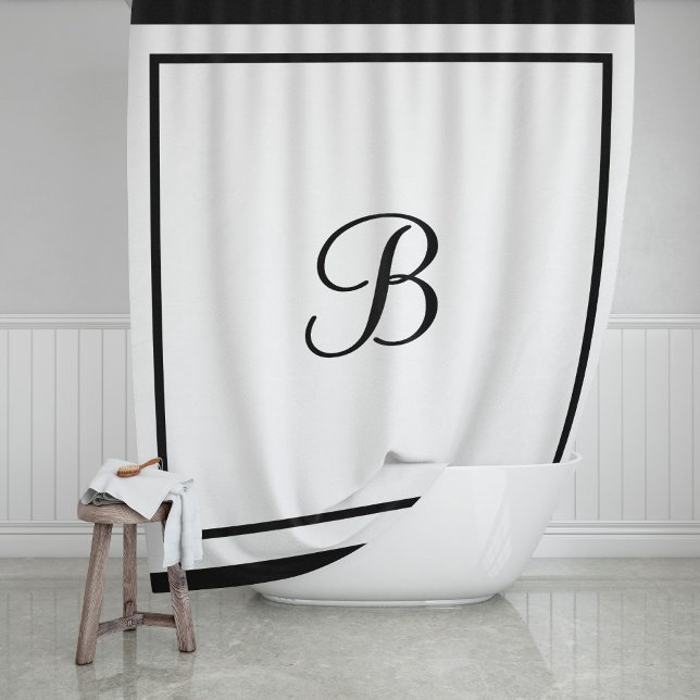 Elegant Black Border Script Monogram Letter Shower Curtain (Creator Uploaded)