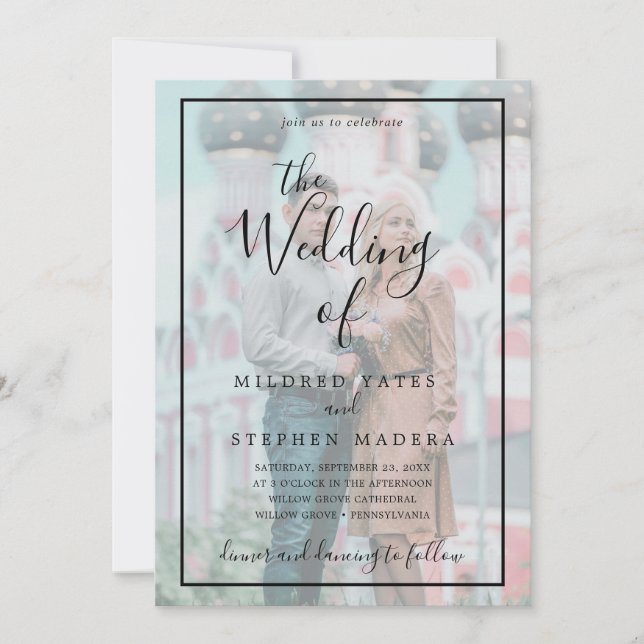 Elegant Black Border Vellum Effect Photo Wedding Invitation (Front)