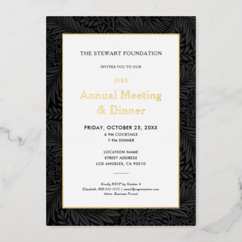 Elegant Black Botanical Annual Business Dinner Foil Invitation