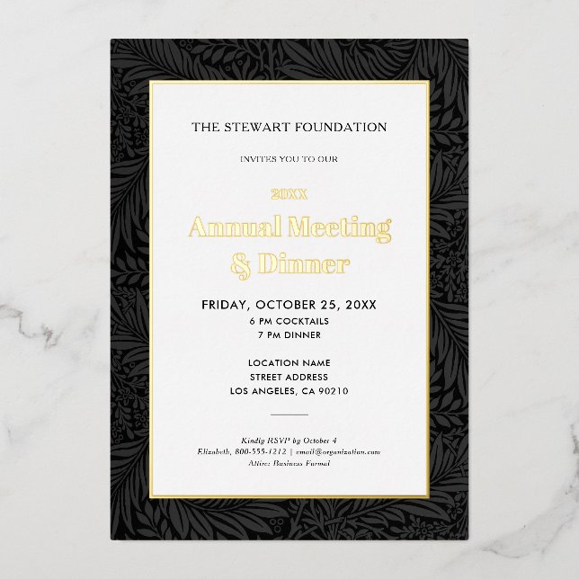 Elegant Black Botanical Annual Business Dinner Foil Invitation (Front)