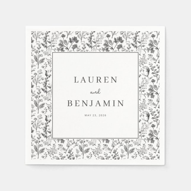 Elegant Black Botanical Border Napkins (Front)