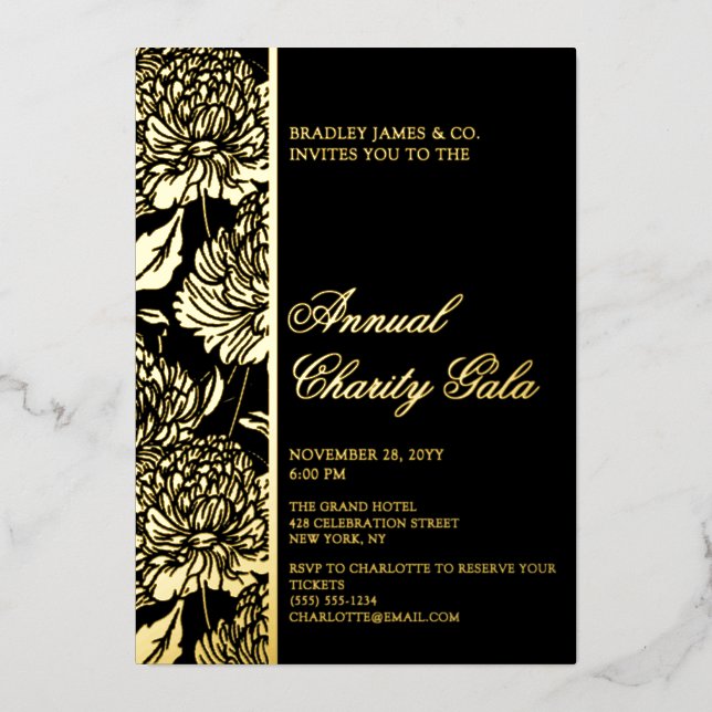 Elegant Black Botanical Charity Event Gala Party Foil Invitation (Front)