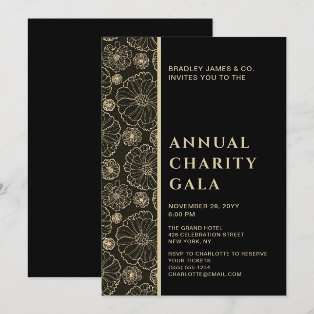 Elegant Black Botanical Charity Event Gala Party Invitation (Front/Back)