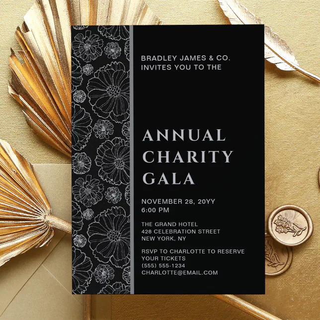 Elegant Black Botanical Charity Event Gala Party Invitation | Zazzle