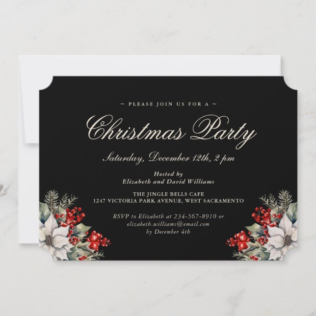 Elegant Black Botanical Christmas Holiday Party Invitation (Front)
