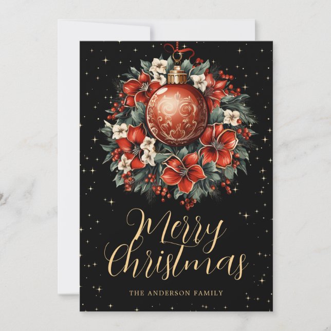 Elegant Black Botanical Christmas Ornament Holiday Card (Front)