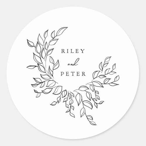 Elegant Black Botanical Crest Personalized Wedding Classic Round Sticker