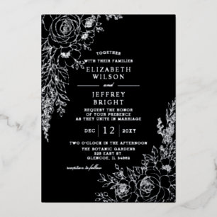 Elegant Black Botanical Floral Wedding Foil Invitation