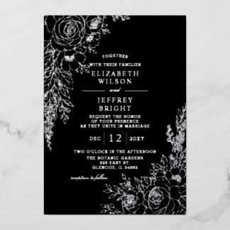 Elegant Black Botanical Floral Wedding Foil Invitation