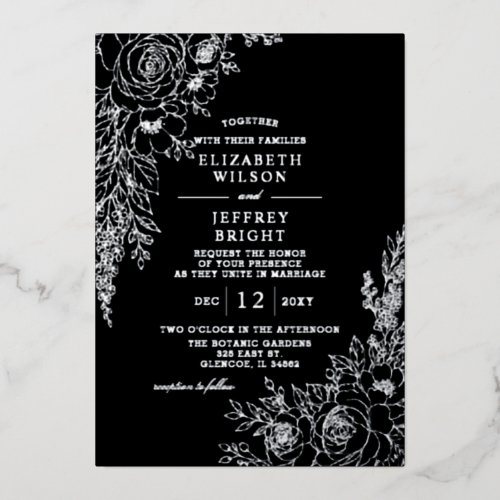 Elegant Black Botanical Floral Wedding Foil Invitation