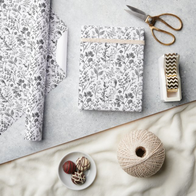 Elegant Black Botanical Illustration Wrapping Paper (Crafts)