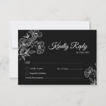 Elegant Black Botanical Line Art Wedding RSVP Card