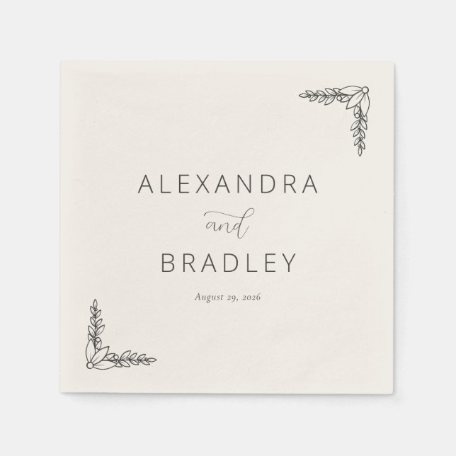 Elegant Black Botanical Line Work Napkins (Front)