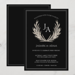 Elegant Black Botanical Monogram Wedding Holiday Card
