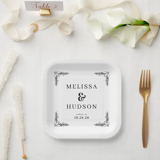 Elegant Black Botanical Paper Plates (Wedding)