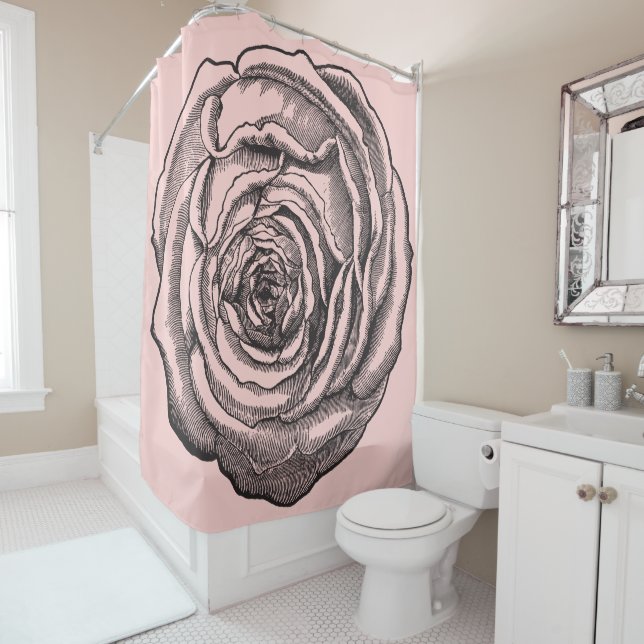 Elegant Black Botanical Rose on Blush Baby Pink Shower Curtain (In Situ)
