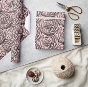 Elegant Black Botanical Rose on Blush Pale Pink Wrapping Paper