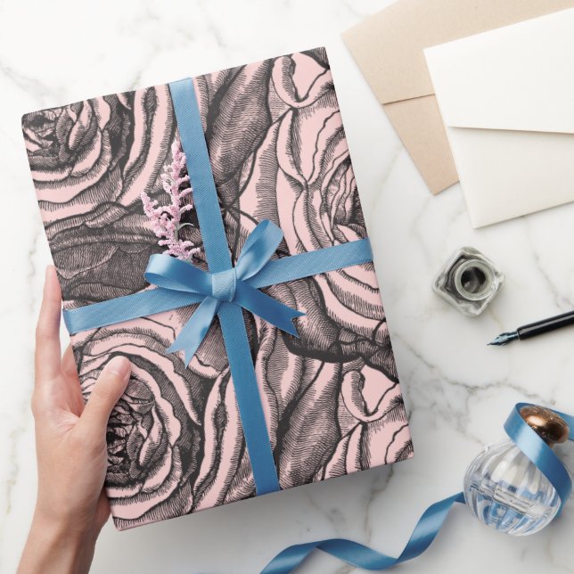 Elegant Black Botanical Rose on Blush Pale Pink Wrapping Paper (Gifting)