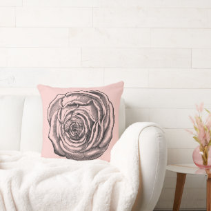 Elegant Black Botanical Rose Romantic Pink Throw Pillow