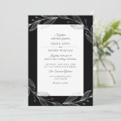 Elegant Black Botanical Silver Leaves Wedding Invitation (Standing Front)
