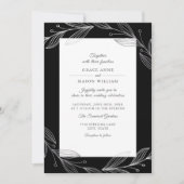 Elegant Black Botanical Silver Leaves Wedding Invitation (Front)