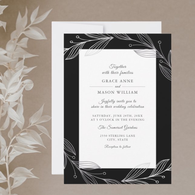Elegant Black Botanical Silver Leaves Wedding Invitation