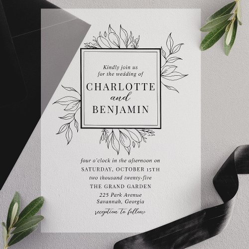 Elegant Black Botanical Square Frame Wedding Vellum Invitations