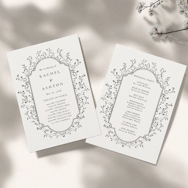 Elegant Black Botanical Vintage Frame Wedding  Program (Front & Back)