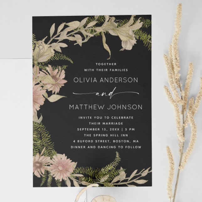 Elegant Black Botanical Wedding | Floral Fern + QR Invitation (Creator Uploaded)