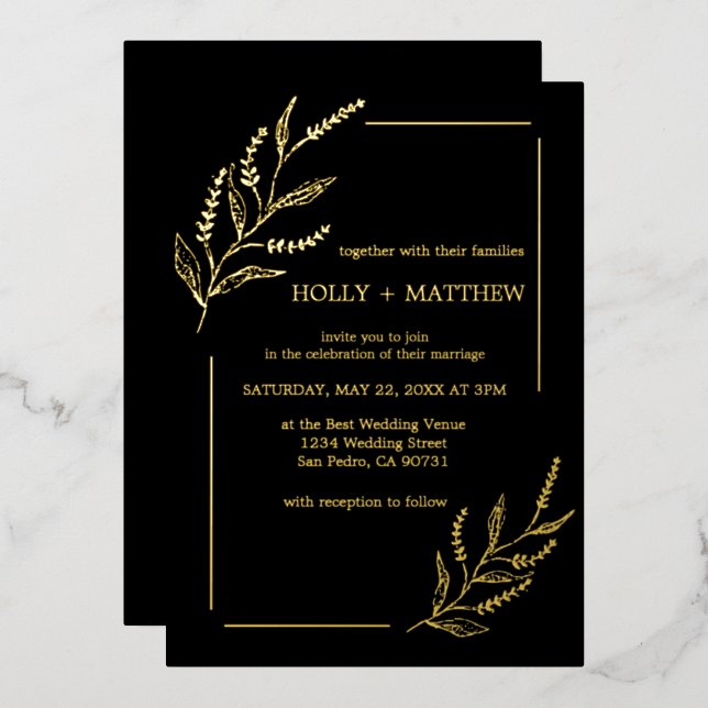 Elegant Black Botanical Wedding Real Gold Foil Invitation (Front/Back)