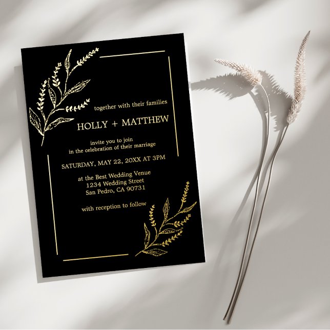 Elegant Black Botanical Wedding Real Gold Foil Invitation (Creator Uploaded)
