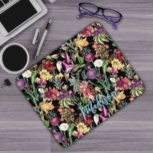 Elegant Black Botanical Wildflower Pattern Mouse Pad