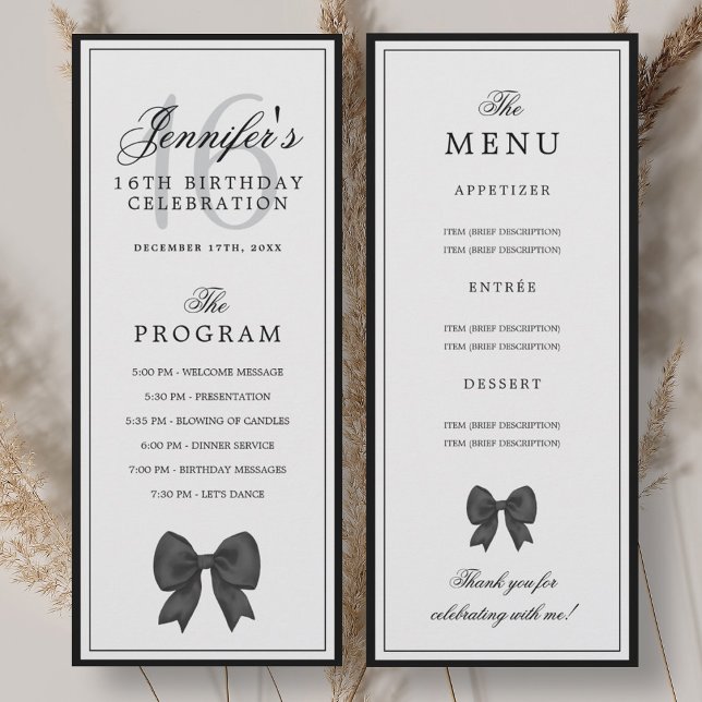 Elegant Black Bow 16th Birthday Program Menu  (Elegant Black Bow 16th Birthday Program Menu )