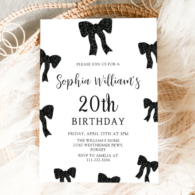 Elegant Black Bow 20th Birthday Party Invitation (Creator Uploaded)